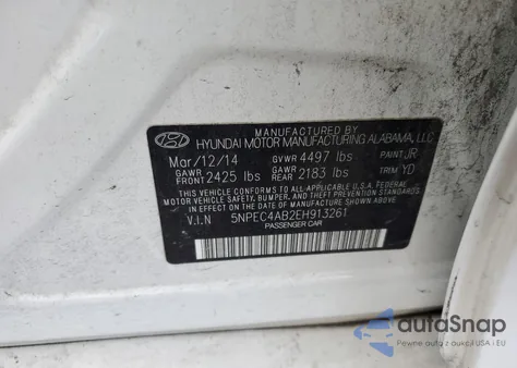 2014 Hyundai Sonata Se z USA, uszkodzony, nr VIN 5NPEC4AB2EH913261